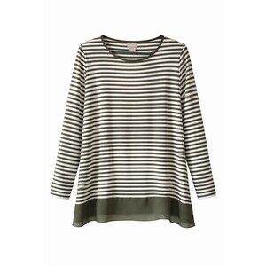 Chico’s Women’s Olive White Stripe Long Sleeve Blouse Size L Classic Nautical‎